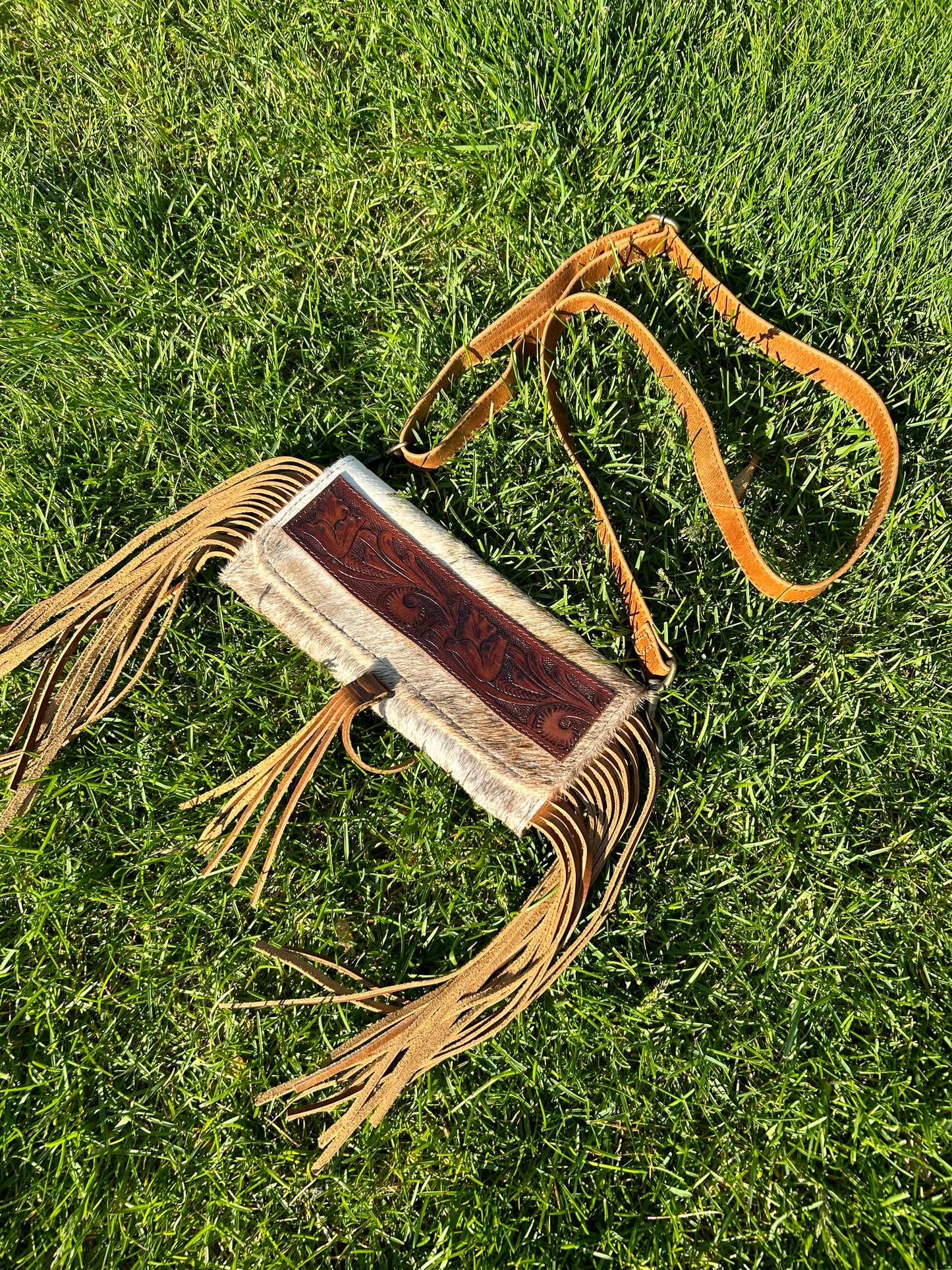 Tooled Cowhide Fringe Crossbody