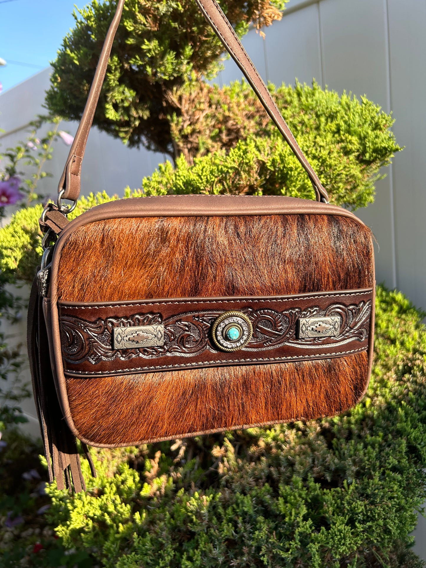Tooled Cowhide Crossbody