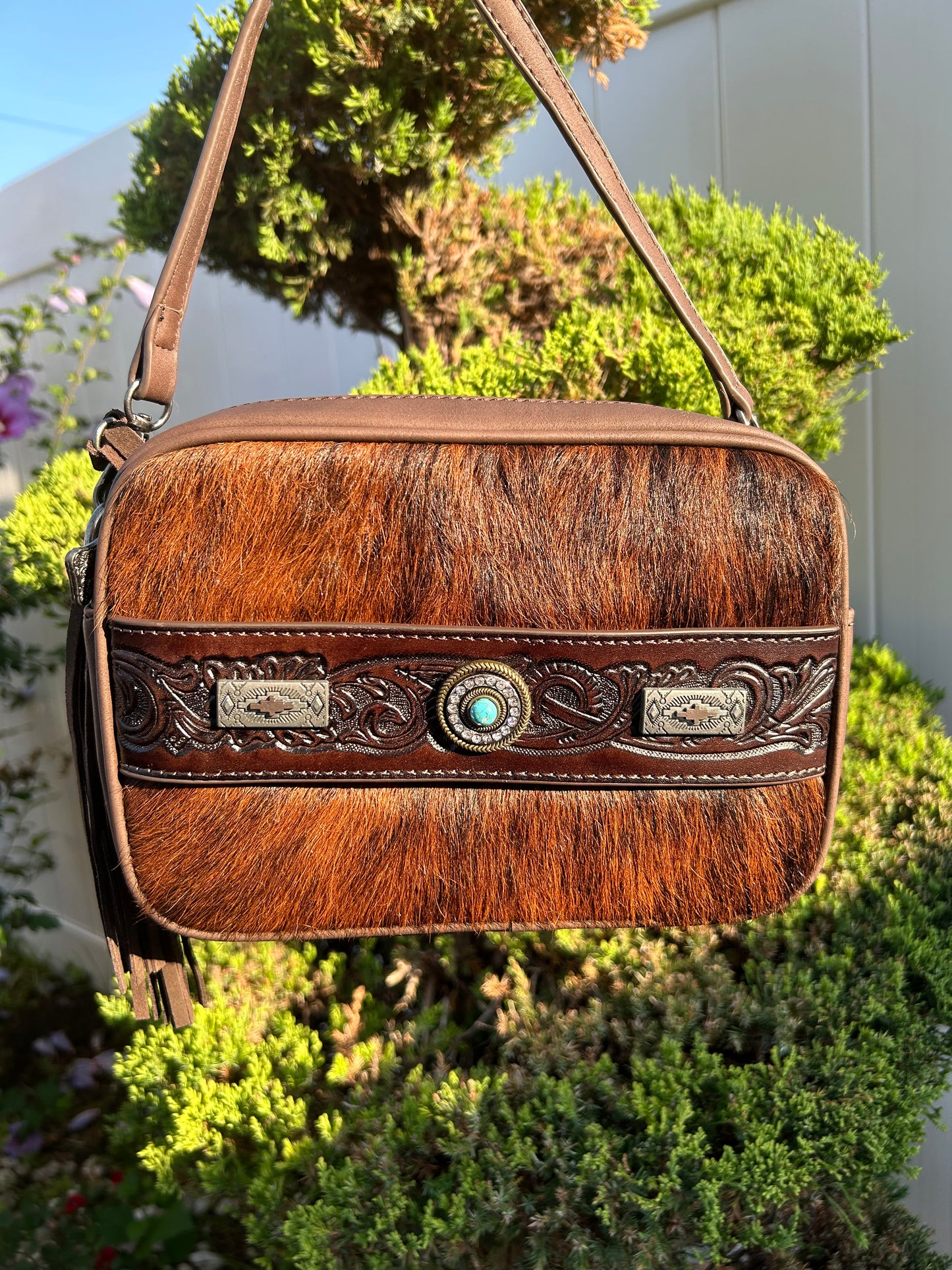 Tooled Cowhide Crossbody