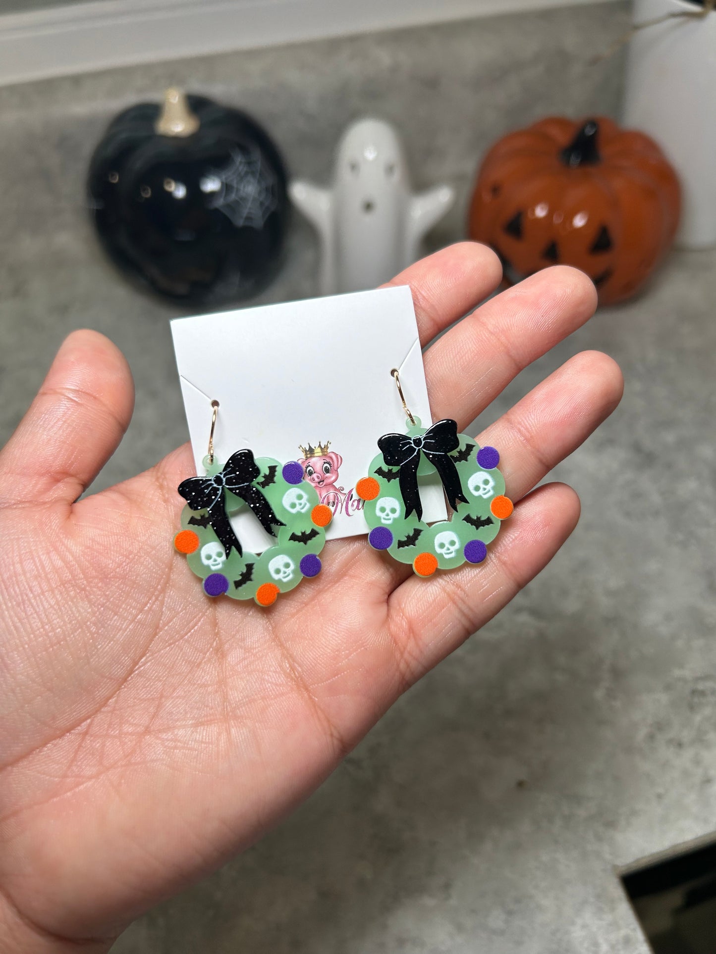 Glow In The Dark Halloween Wreath Earrings