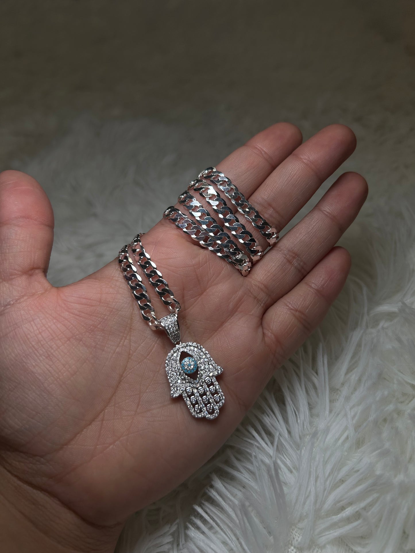 925 Silver Mano De Fatima Cuban Chain