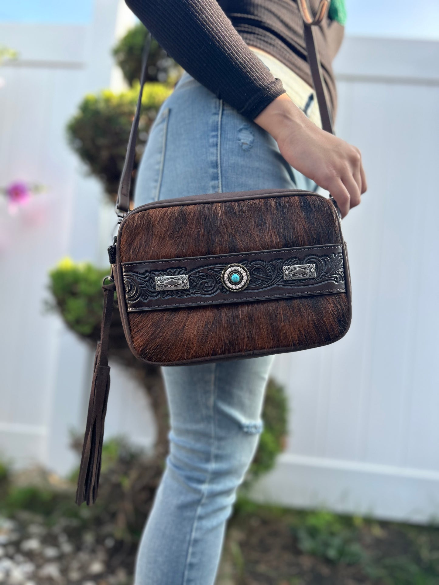 Tooled Cowhide Crossbody