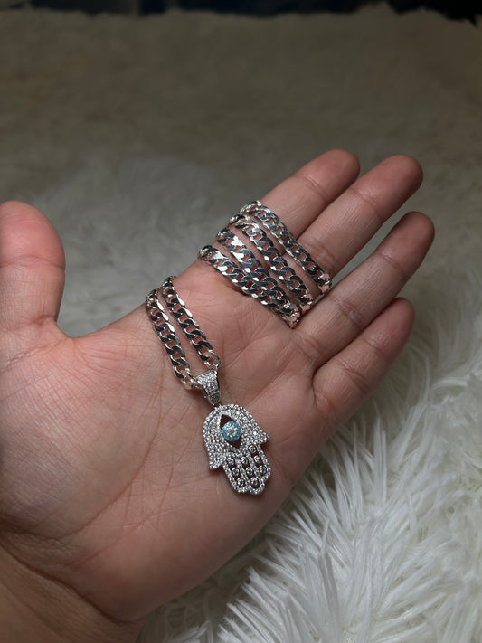 925 Silver Mano De Fatima Cuban Chain
