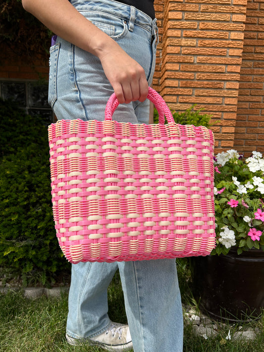 Pink and Yellow Large Woven Tote Bag
