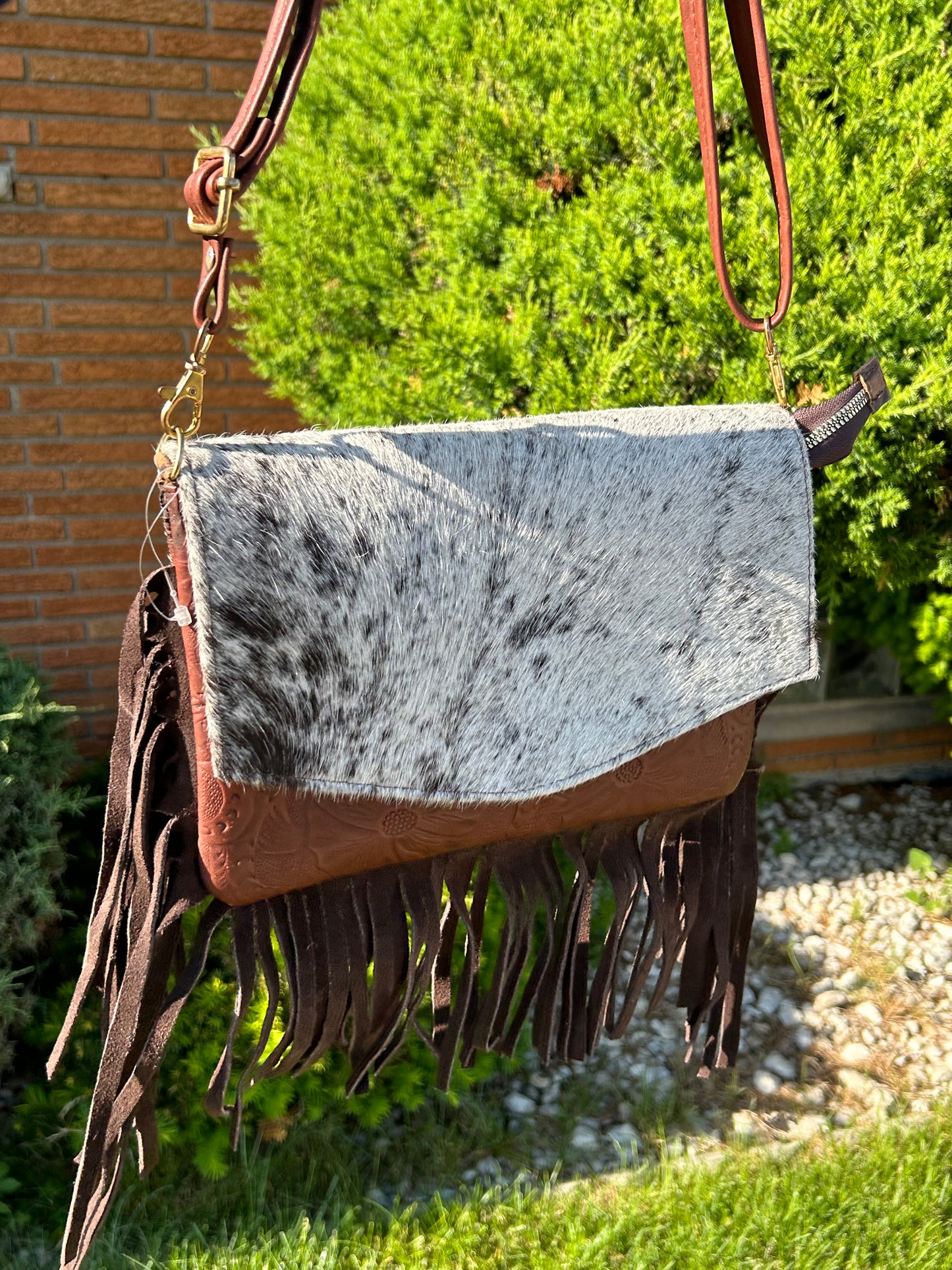 Maroon Fringe Cowhide Crossbody